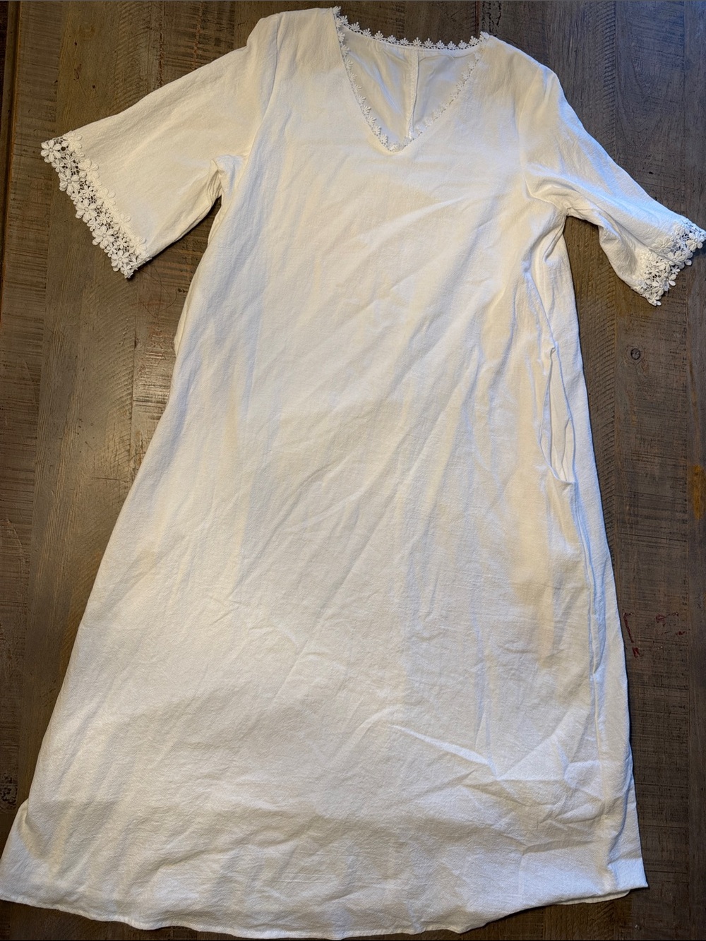 White Lace-Trim Cotton Night Chemise with V-Neck